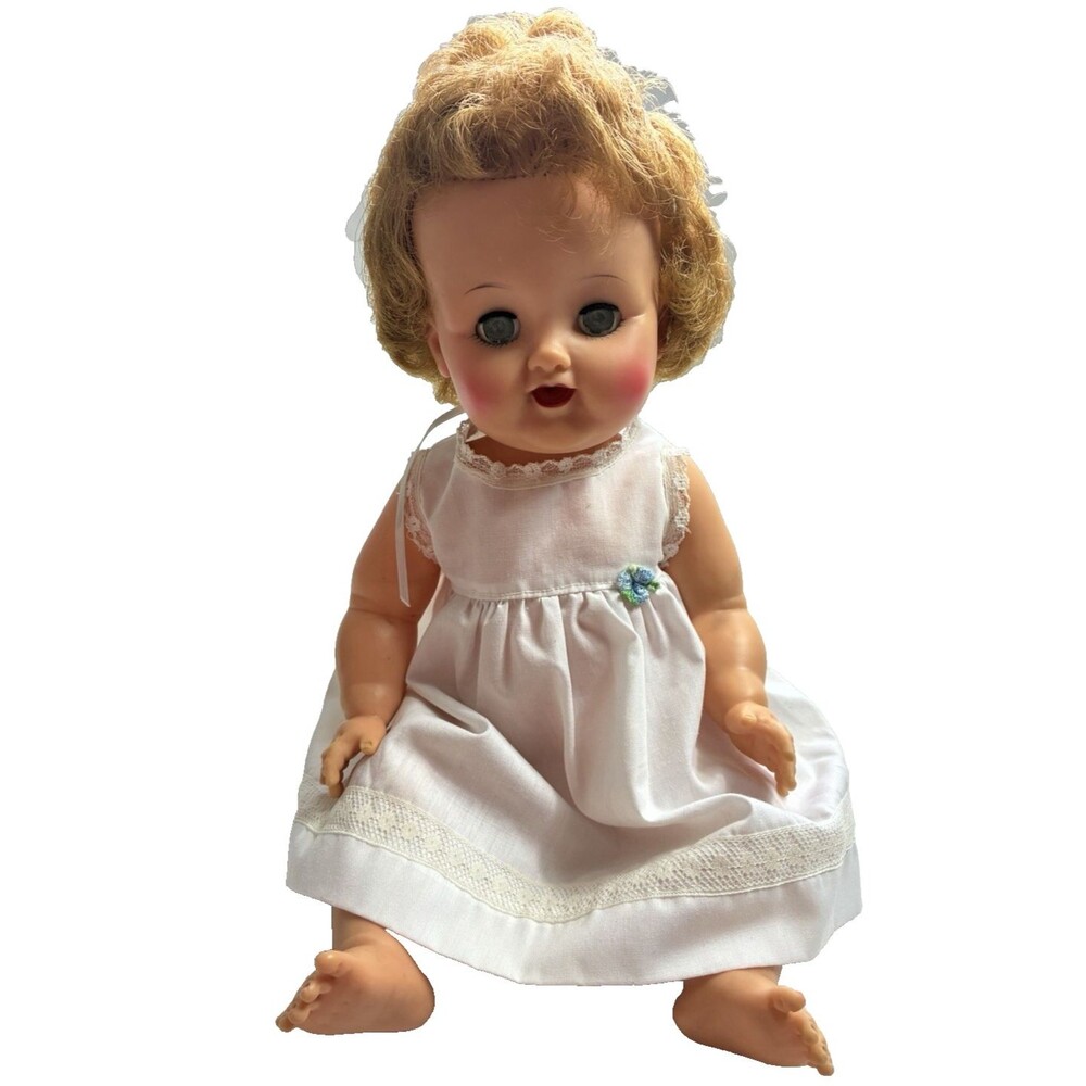Ideal Baby Doll Rooted Curly Brown Hair Vinyl Sleep Eyes Vintage 15 Inch w Dress